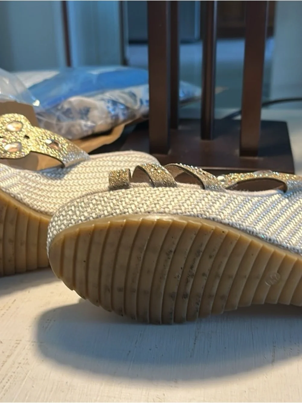 Gold Jeweled Platform Sandals - Women's Sparkle Wedge Slides